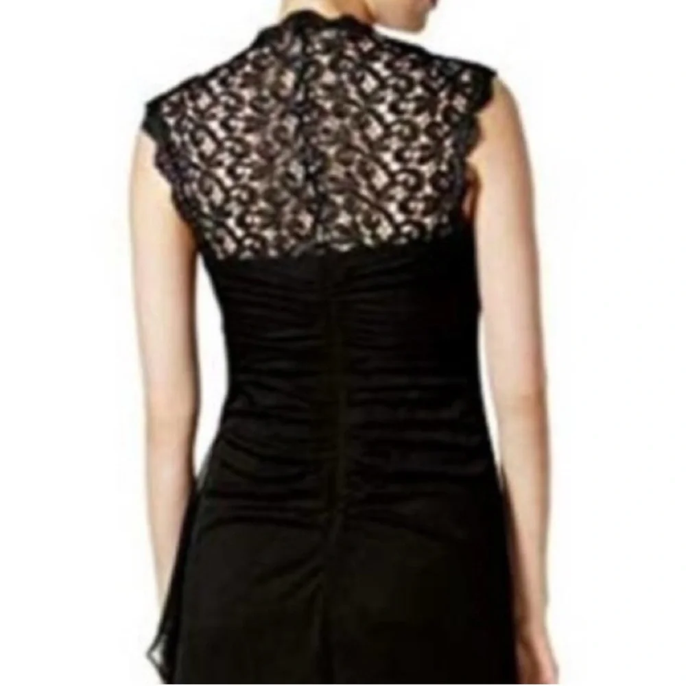 NWT Xscape LBD Black Lace Stand Collar Illusion Back Neck Short Cap Sleeve Dress